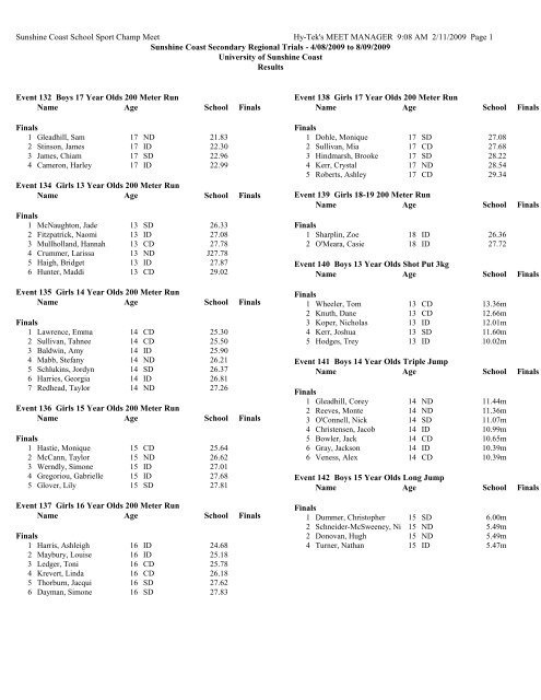 Sunshine Coast School Sport Regional Trial Results