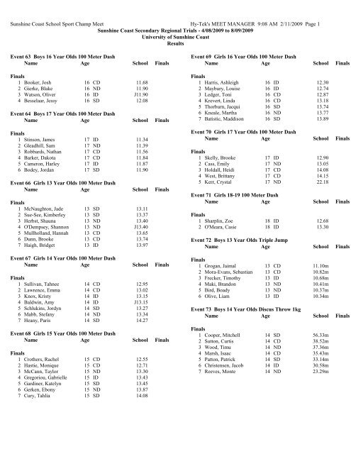 Sunshine Coast School Sport Regional Trial Results