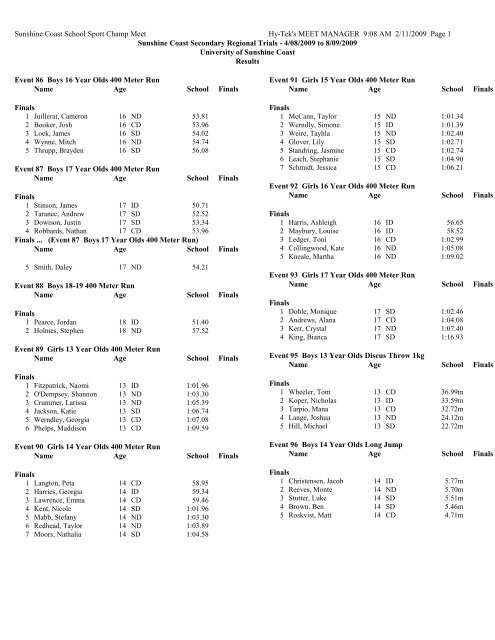 Sunshine Coast School Sport Regional Trial Results