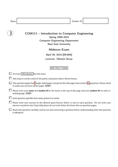 Com111 A Introduction To Computer Engineering Midterm Exam