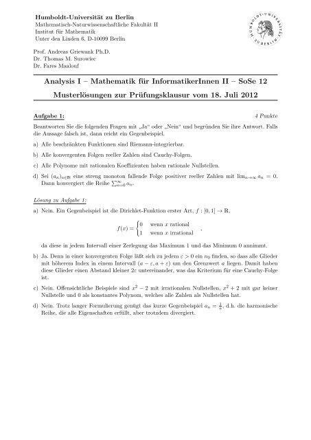Musterlösungen - Institut fuer Mathematik - Humboldt-Universität zu ...