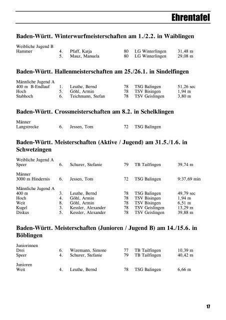 Leichtathletik im Zollernalbkreis 1997 - Leichtathletikkreis Zollernalb