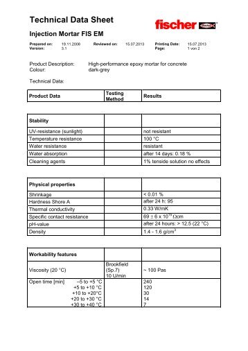 Technical Data Sheet Injection Mortar FIS EM - Fischer