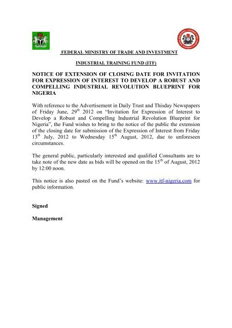 NOTICE OF EXTENSION OF CLOSING DATE FOR ... - ITF Nigeria