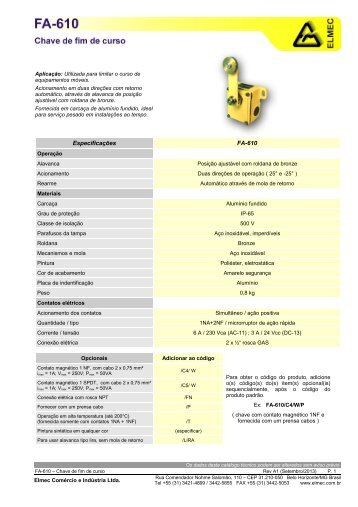 EspecificaÃ§Ãµes FA-610 - Elmec ComÃ©rcio e IndÃºstria Ltda