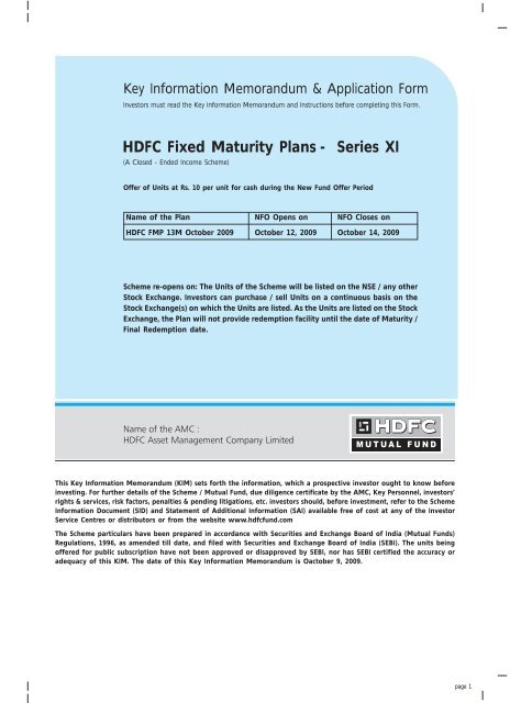 HDFC Fixed Maturity Plans - Series XI - HDFC Mutual Fund