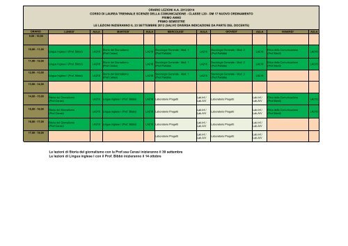 orario lezioni primo semestre scienze della comunicazione