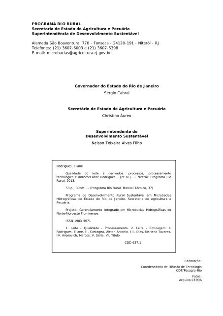 Qualidade do leite e derivados - Pesagro-Rio