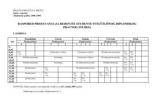 raspored predavanja za redovite studente ... - Pravni Fakultet