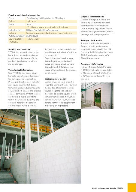 Health and safety data sheet for YTOCOL thin joint mortar - Xella UK