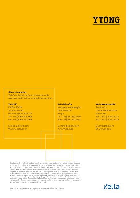 Health and safety data sheet for YTOCOL thin joint mortar - Xella UK