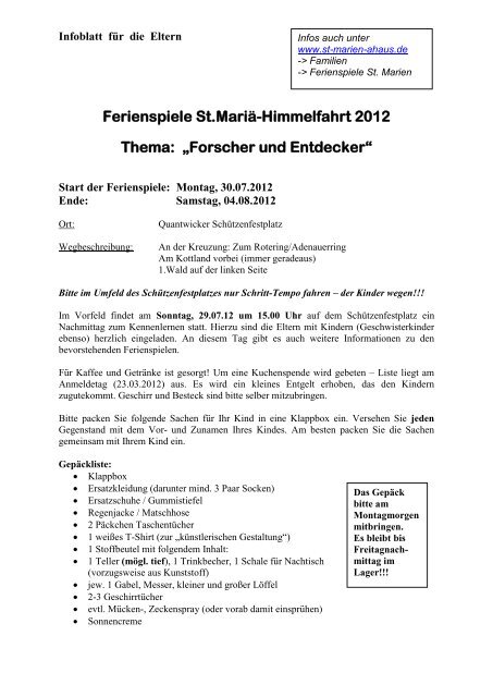 Ferienspiele St.MariÃÂ¤-Himmelfahrt 2012 Thema: Ã¢ÂÂForscher und ...