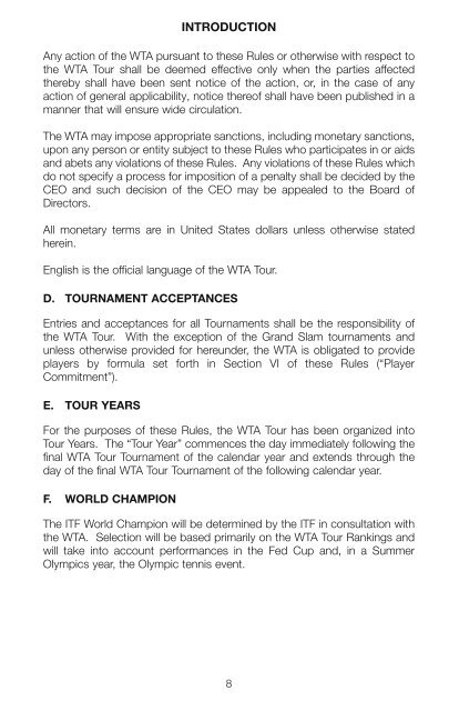 The Sony Ericsson WTA Tour 2010 Official Rulebook - Tennis Canada