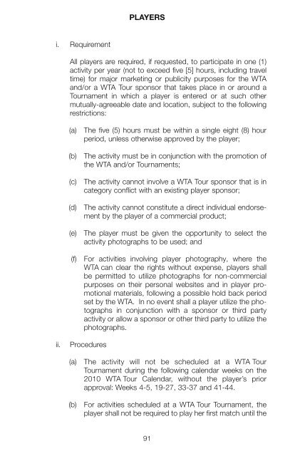 The Sony Ericsson WTA Tour 2010 Official Rulebook - Tennis Canada