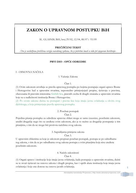 Zakon o upravnom postupku BiH - Advokatska kancelarija Prnjavorac