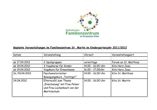 Geplante Veranstaltungen im Familienzentrum St. Martin im ...