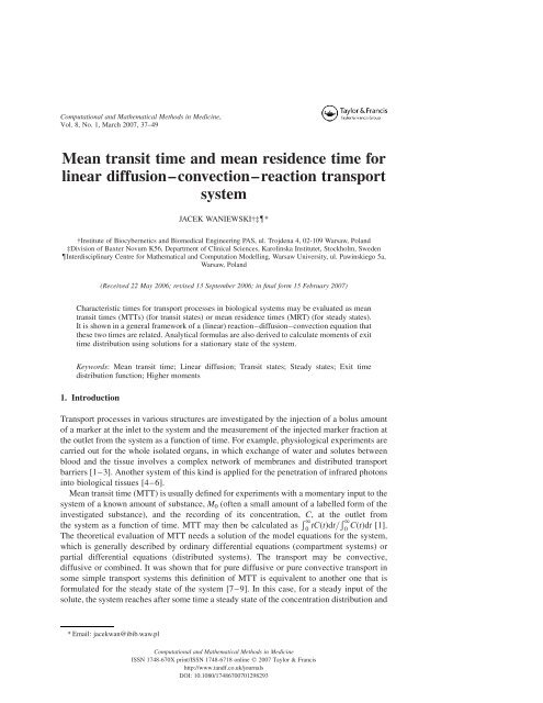 Mean transit time and mean residence time for linear diffusion ...