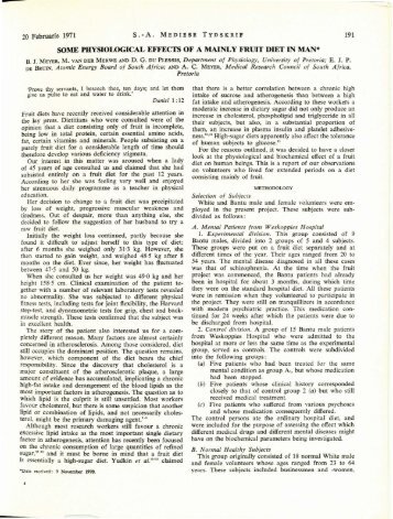 3.2 SOME PSYCHOLOGICAL EFFECTS OF A MAINLY FRUIT DIET IN MAN, B.J. Meyer, M. van der Merwe, D.G. 