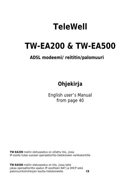 TeleWell TW-EA200 &amp; TW-EA500 ADSL modeemi/ reititin/palomuuri ...