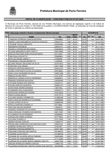 edital de classificaÃ§Ã£o â concurso pÃºblico nÂº 001/2009 - Porto Ferreira