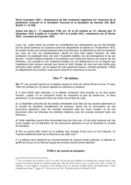 Ordonnance du Roi du 20-23 novembre 1822 - le cercle du barreau