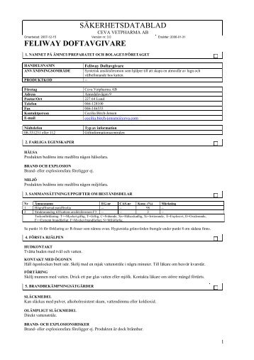 SÃKERHETSDATABLAD FELIWAY DOFTAVGIVARE - Apoteket