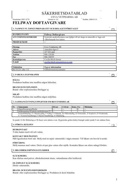 SÃKERHETSDATABLAD FELIWAY DOFTAVGIVARE - Apoteket