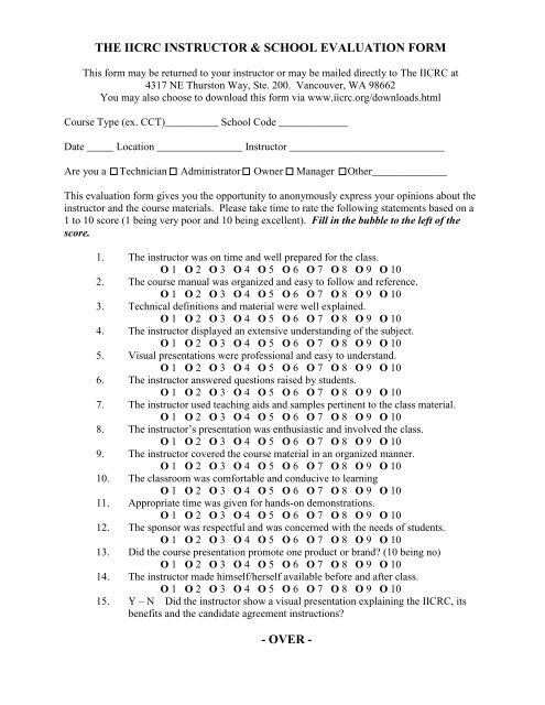 IICRC INSTRUCTOR AND SCHOOL EVALUATION FORM