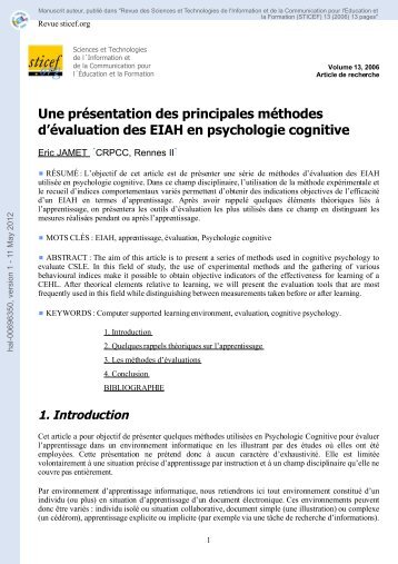 Une prÃ©sentation des principales mÃ©thodes d'Ã©valuation des EIAH ...