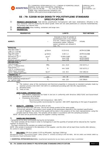 ss â€“79: 5205b high density polyethylene standard specification