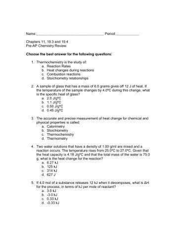 pre ap chemistry homework 11a answers