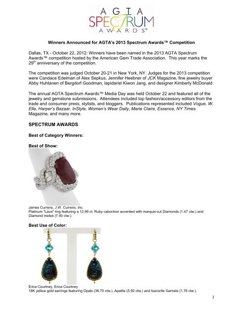 Winners Announced for AGTA's Spectrum Awards Competition