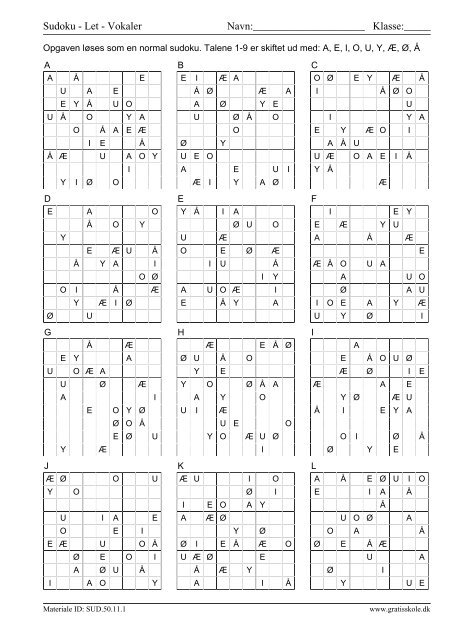 Sudoku - Let - Vokaler Navn: Klasse - GratisSkole.dk