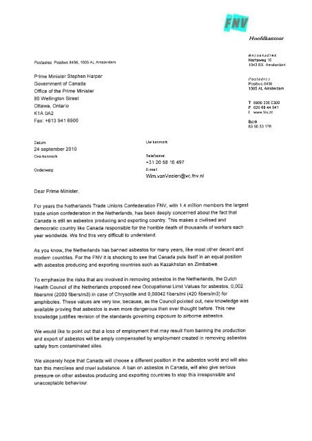 Letter sent by FNV President Jongerius to Canadian Prime Minister