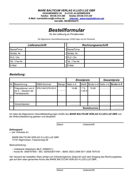 Bestellformular - Deutsche Grammatik Verlag Mare Balticum