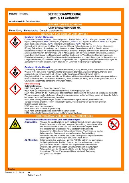 BETRIEBSANWEISUNG gem. § 14 GefStoffV
