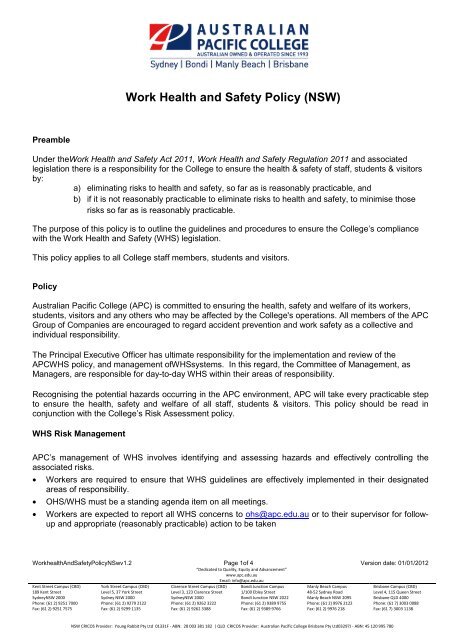 Work Health and Safety Policy (NSW) - Australian Pacific College