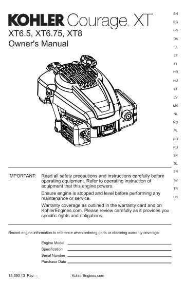 XT6.5, XT6.75, XT8 Owner's Manual - Kohler Engines