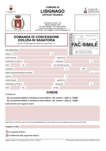 Domanda di concessione edilizia in sanatoria - Comune di Lisignago