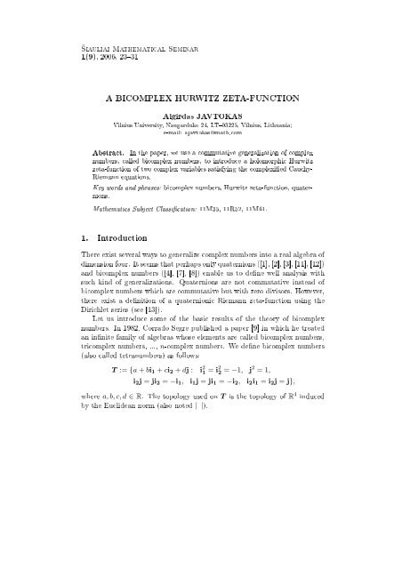 A BICOMPLEX HURWITZ ZETA-FUNCTION 1. Introduction