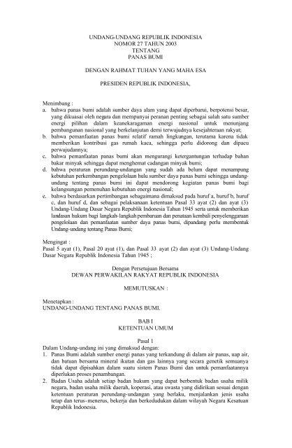 Undang-undang No.27 Tahun 2003 Tentang Panas Bumi - BPKP