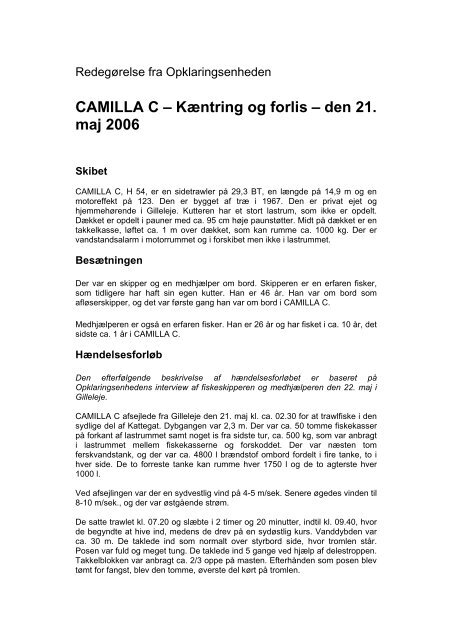 CAMILLA C â KÃ¦ntring og forlis â den 21. maj 2006