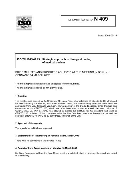 ISO/TC 194/WG 15 Strategic approach to biological testing of ...