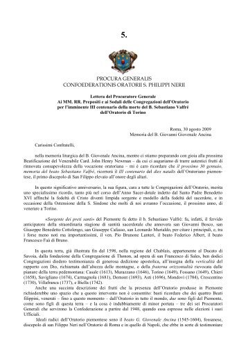 Lettera del Procuratore Generale alle Congregazioni, 30 agosto 2009