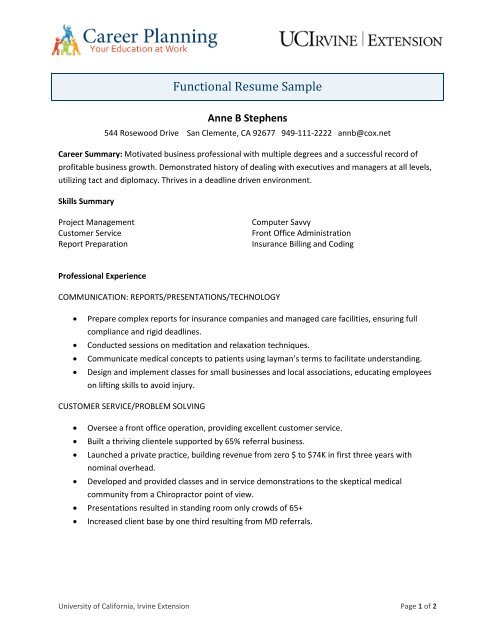 Functional Resume Sample UC Irvine - Functional Resume Sample Uc Irvine Extension University Of 