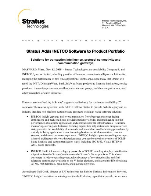 Stratus Adds INETCO Software Stratus Adds INETCO Software to ...