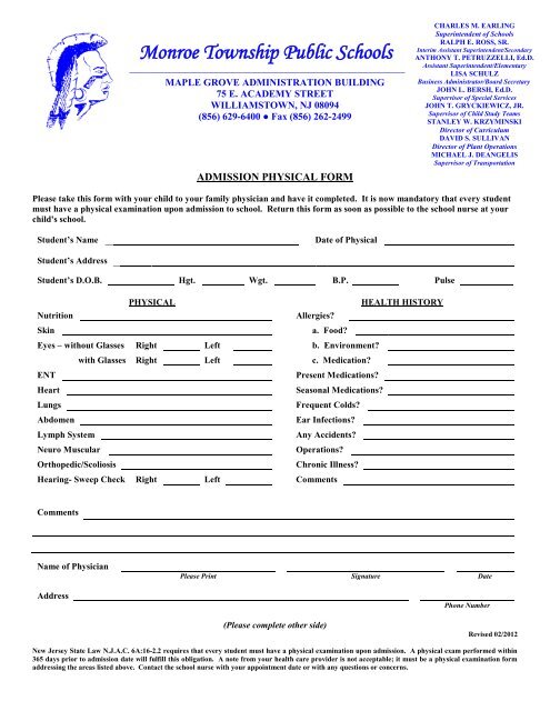 Admission Physical Form - Monroe Township Public Schools