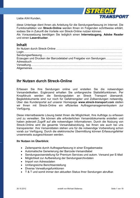 Ihr Nutzen durch  Streck-Online - Streck Transport