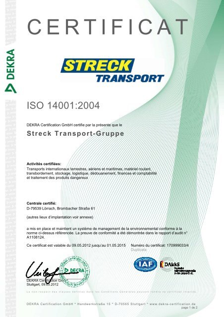 Annexe au certificat N°. 170999033/4 - Streck Transport