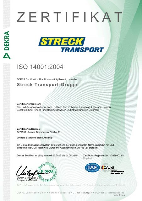 Anhang zum Zertifikat Nr. 170999033/4 - Streck Transport